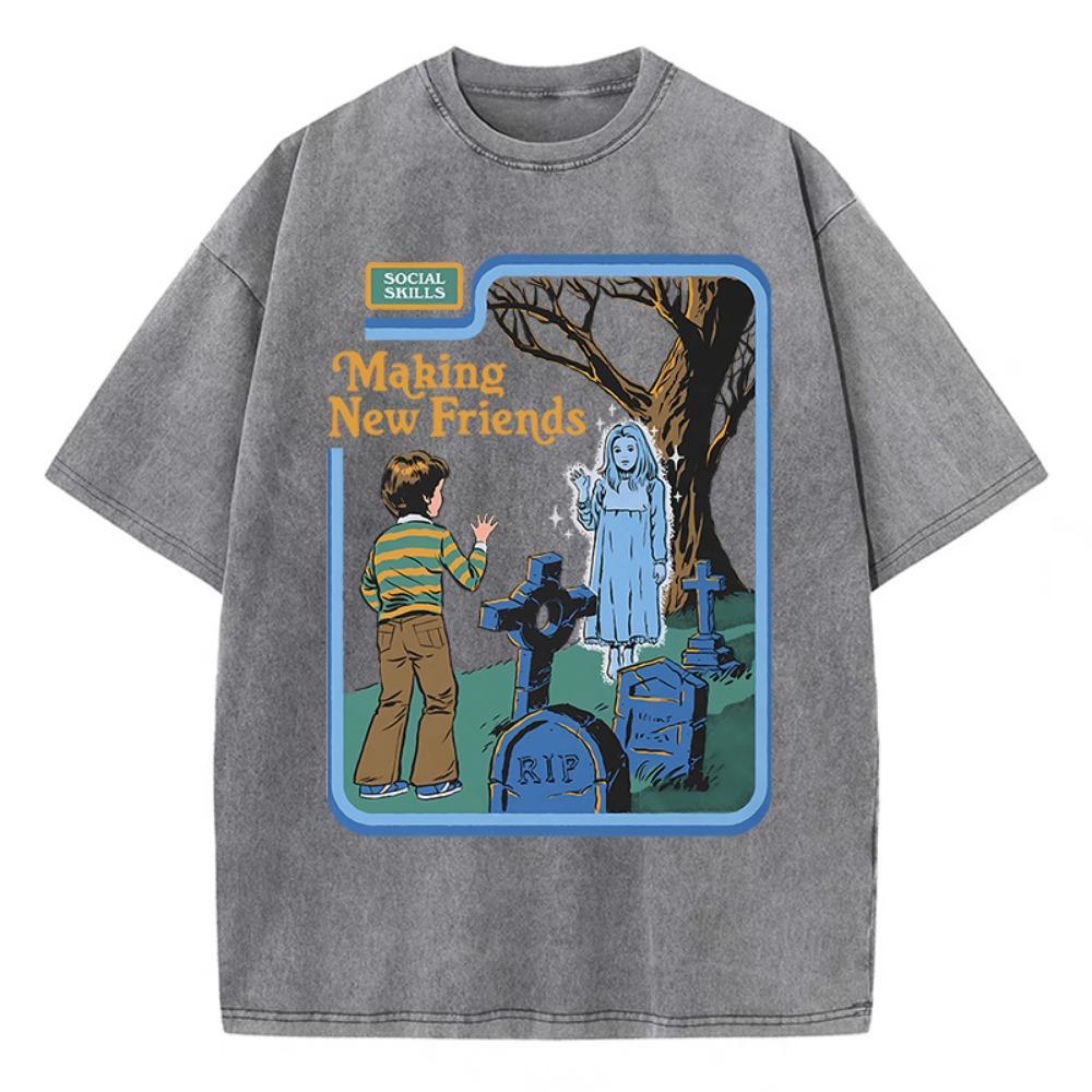 Social skills, making new friends, washed vintage women's T-shirt, hip hop breathable, casual loose fit