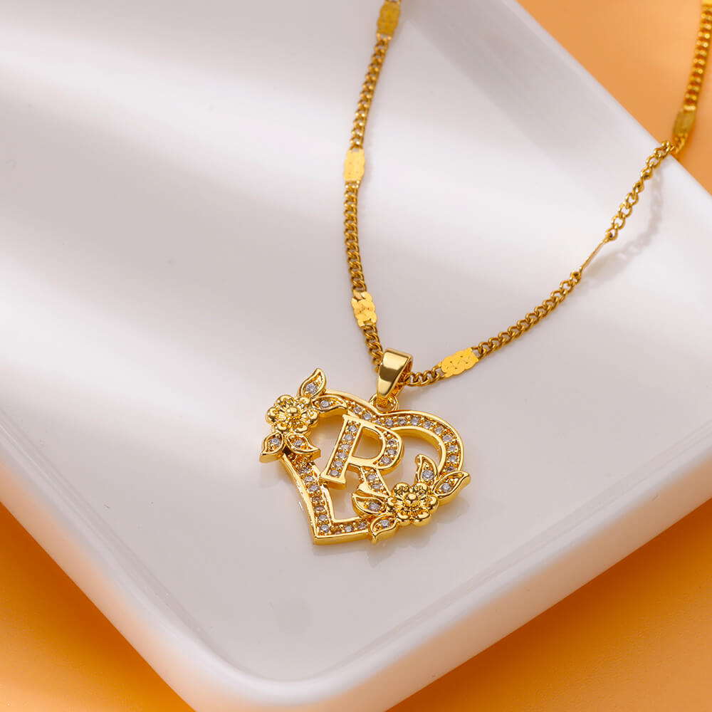 Zircon Stainless Steel Heart Flower Letter Necklaces For Women Gold Color  A-Z Letter Heart Necklace Wedding Jewelry Gift