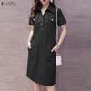 ZANZEA Vestido feminino casual com gola virada para baixo azul jeans manga curta