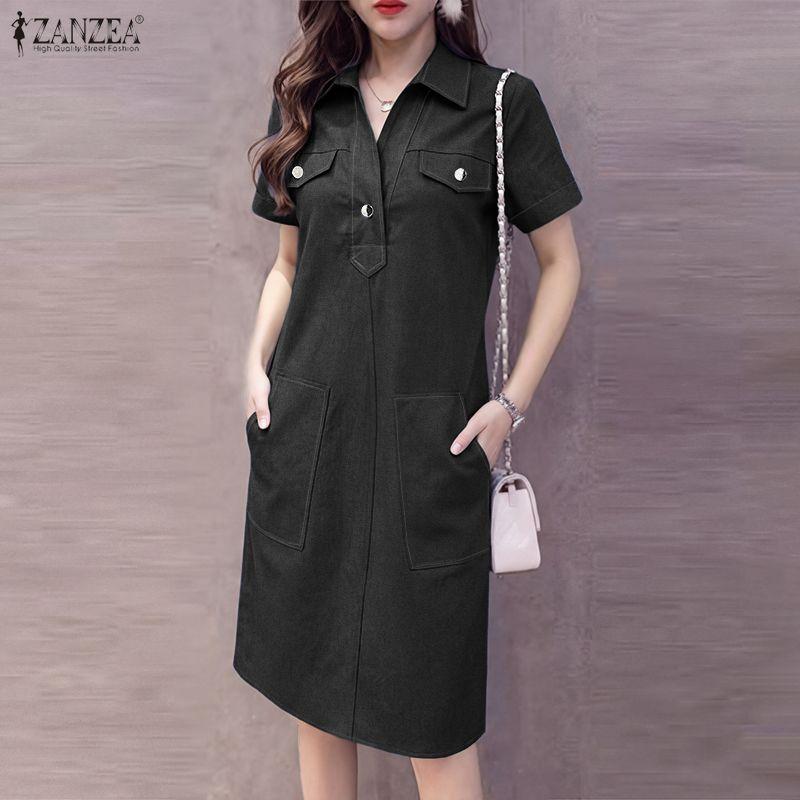 ZANZEA Vestido feminino casual com gola virada para baixo azul jeans manga curta