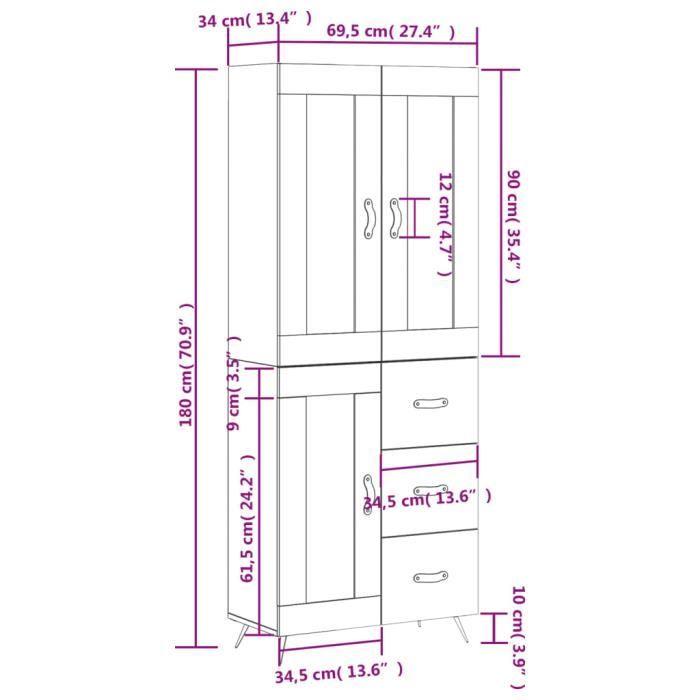 VidaXL Buffet haut Blanc 69,5x34x180 cm Bois d'ingénierie 3198569