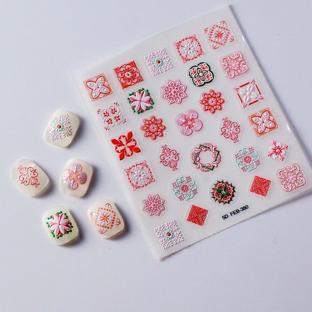 Bohemian Ethnic 5D Waterproof Nail Stickers - Colorful Embossed Design with Adhesive Back