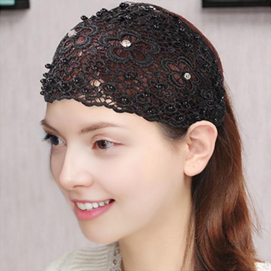 Yousheng Dam Pannband Ihålig Design Broderi Spets Blomma Elastiskt Pannband med Imitationspärlor Glittrande Strass Inlagd Hår