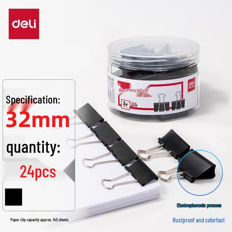 Deli 32mm Black Long Tail Paper Clips