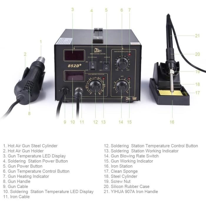 Station de soudage à air chaud 2 en 1 Smd avec accessoires professionnels 852D Uten