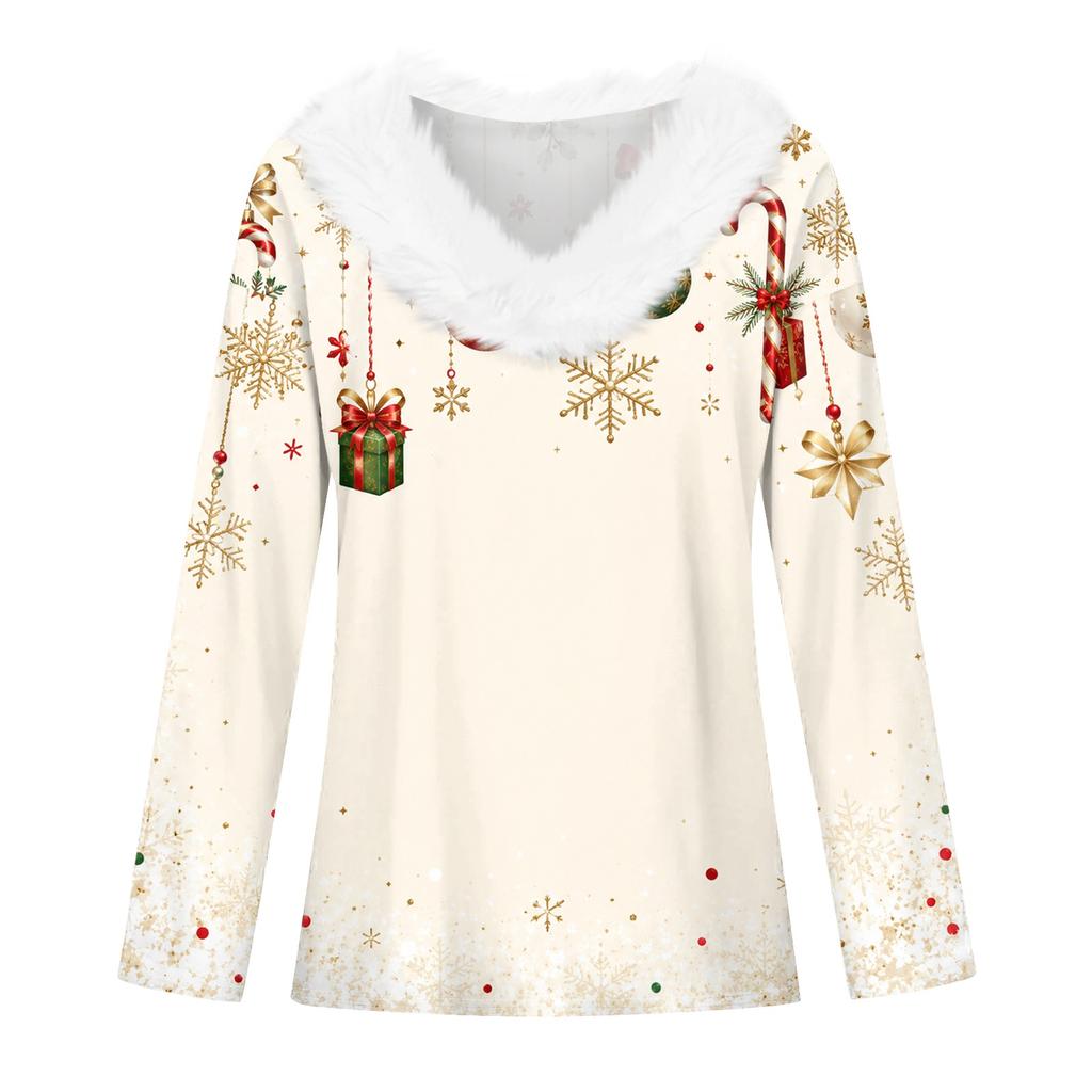 Women's Christmas Print Long Sleeve V-Neck Top with Plush Collar