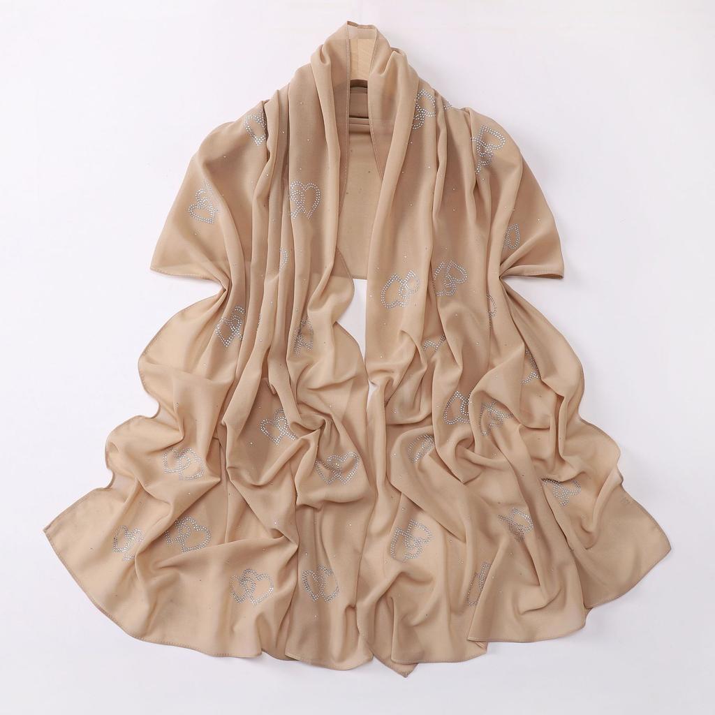 Chiffon Long Scarf Double Heart Rhinestone Ethnic Headscarf For Women