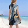 Girls Round Neck Short Sleeve Black Blue Floral Tree Printed A Line Flared Dress