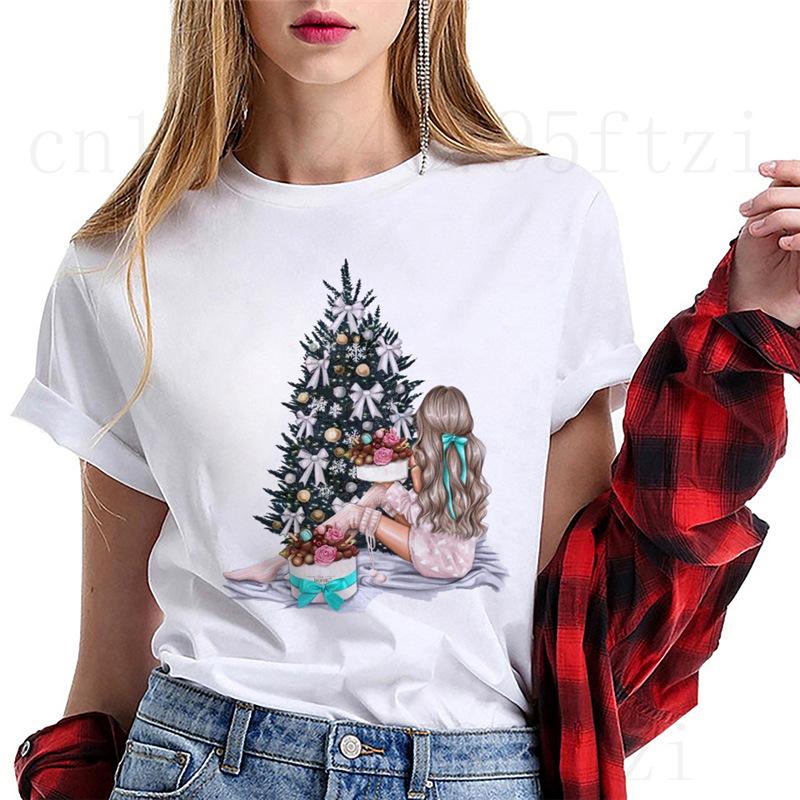Fashion Cartoon Christmas Tree Graphic Women T-Shirts Summer Short Sleeve O-Neck Female Tops Streetwear Y2K Clothing
