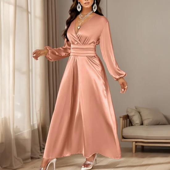 Women Summer Satin V-Neck Dress Elegant Long Gown with Puff Sleeves & Cinched Waist