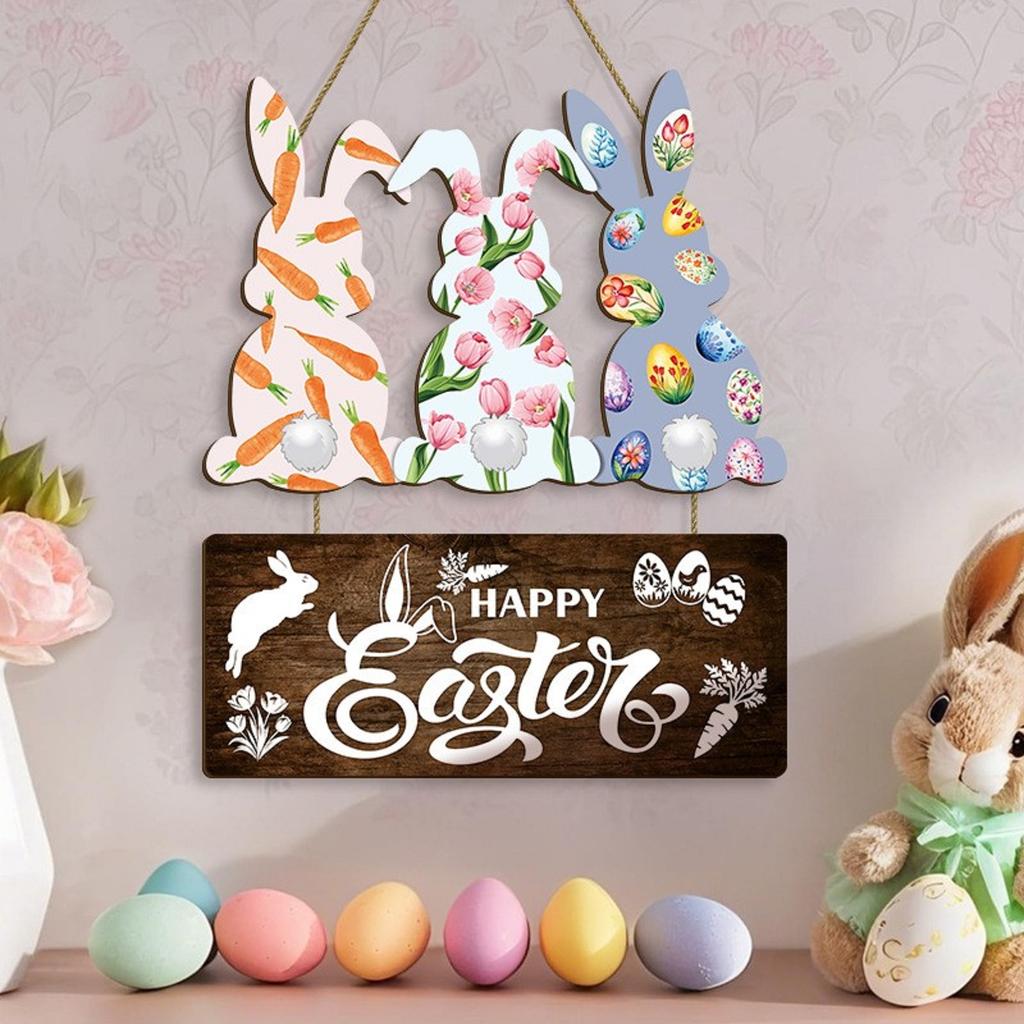 Easter Wooden Pendant Home Decoration Easter Egg Wooden Plaque Hanging Decoration Carrot Doorplate