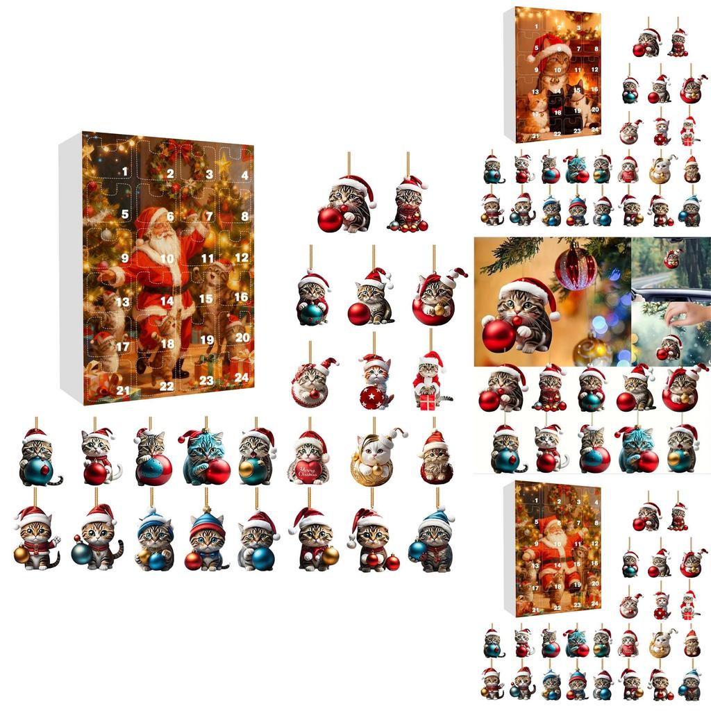 Christmas Countdown Calendar With Cute Cat Acrylic Hanging Ornaments For Holiday Decor