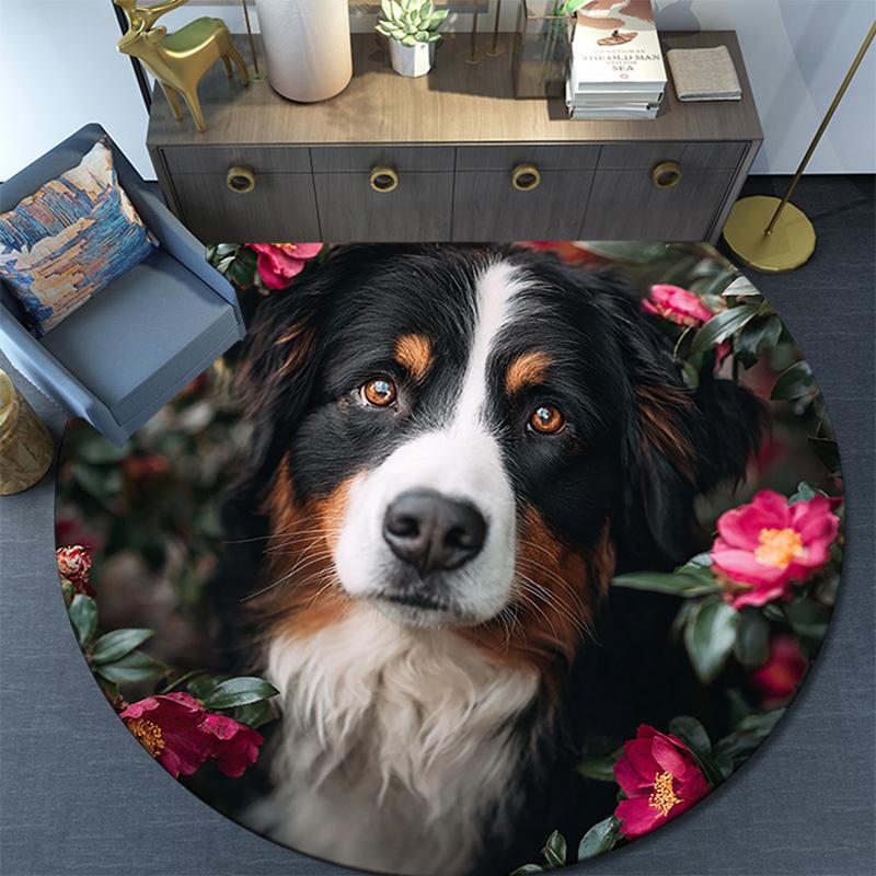 Bernese Mountain Dog Round Area Rug,Carpet Rug for Living Room Bedroom Sofa Playroom Decor,Non-slip Floor Mat