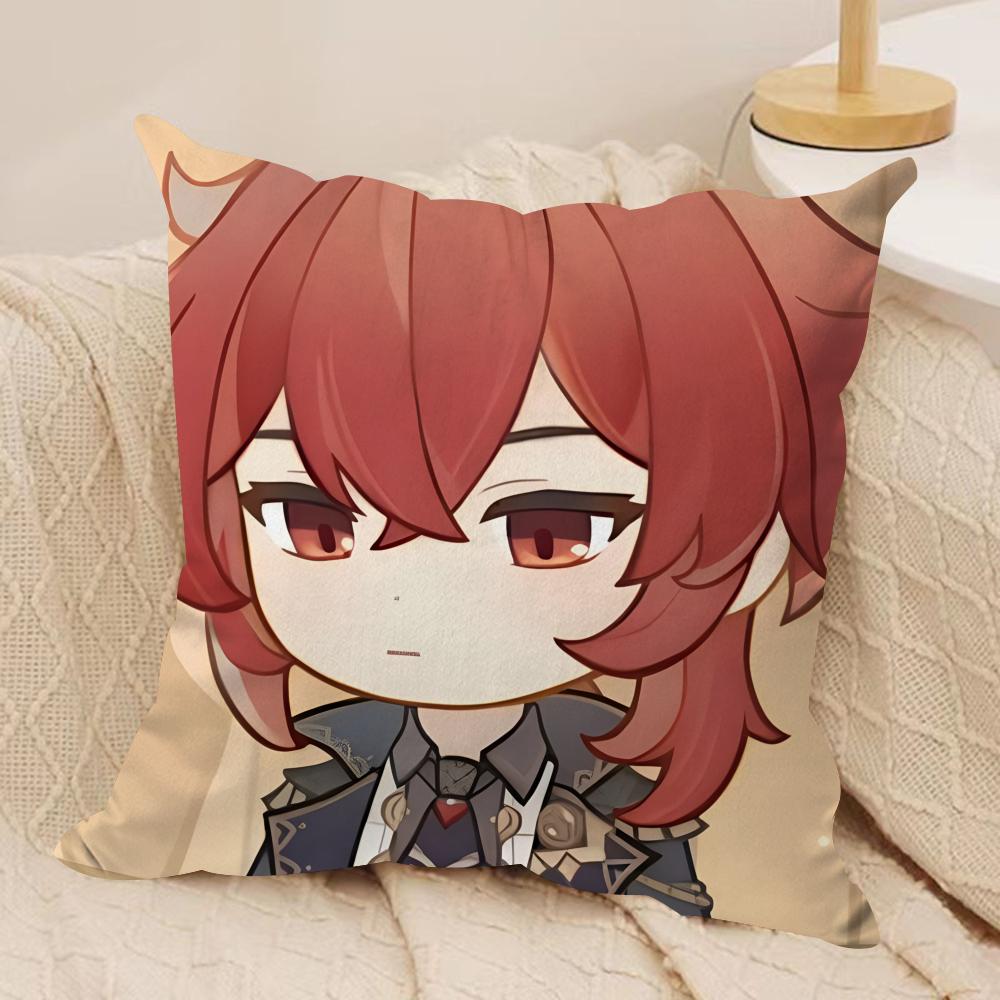 Diluc Cute Cute Genshin Impact Cushion Cover Silky Short Plush Invisible Zipper Dustproof Sofa Pillow Case For Home Decor