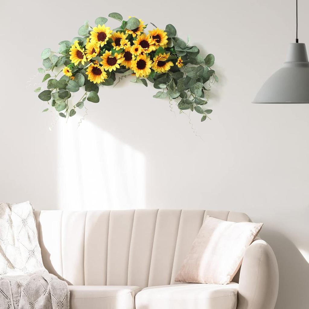 WYSRJ Artificial Sunflower Swag with Eucalyptus, 29.5 Inch Decorative Swag Floral with Sunflowers Wedding Arch Decor Fake Floral Wreath for Door