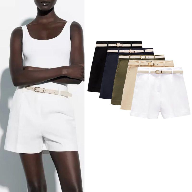 Casual White with Belt Pleated Bermuda Shorts