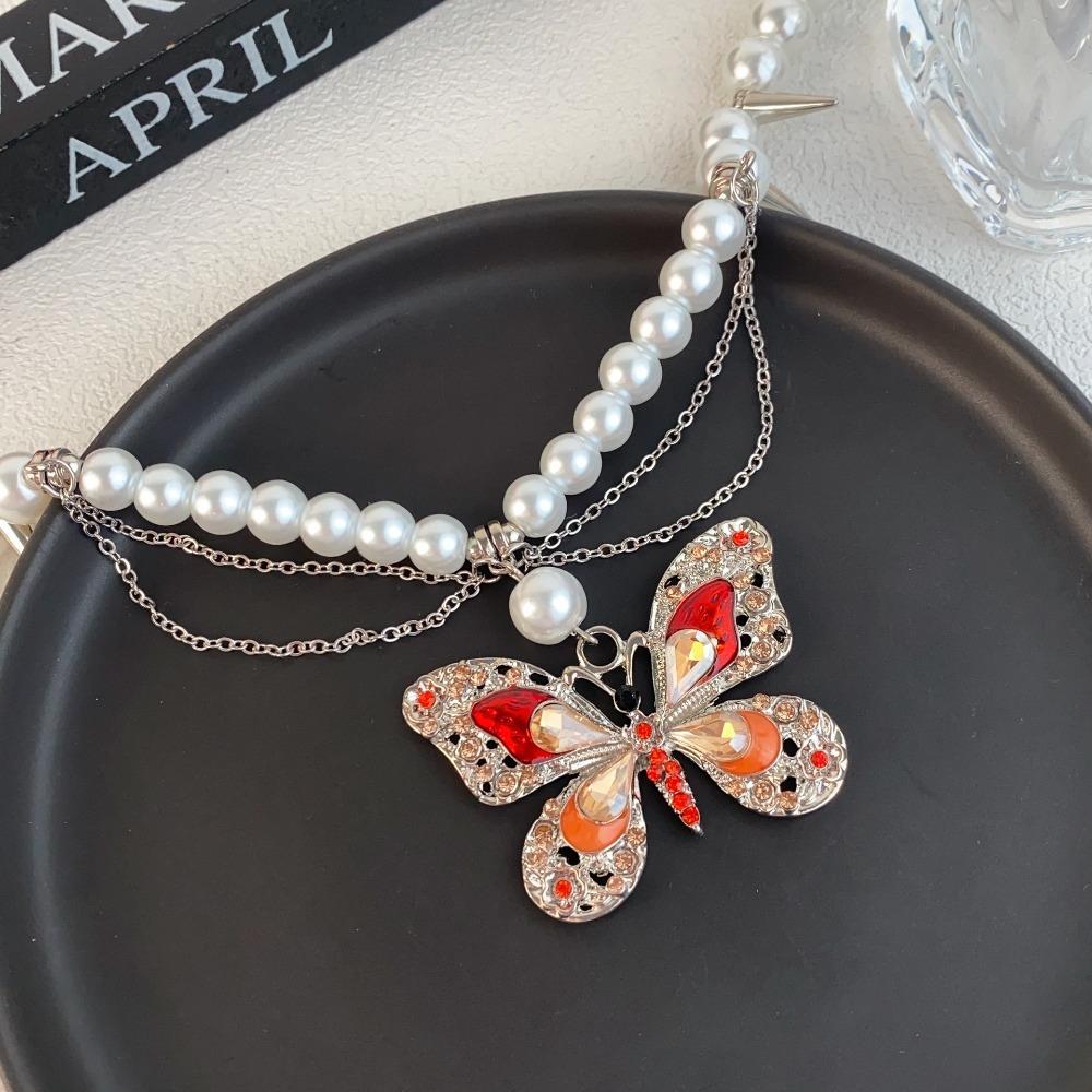 Rhinestone Vintage Metal Necklace Tassel Women's Choker Retro Butterfly Pearl Necklace  Girls