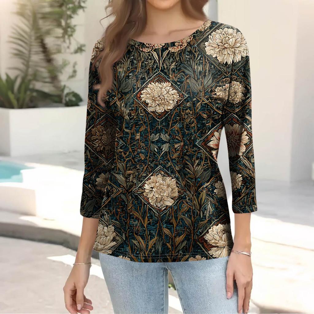 Trendy Vintage 3/4 Sleeve Top For Women ,Ladies Casual Three Quarter Sleeve Round Collar Printed T-Shirt Blouse