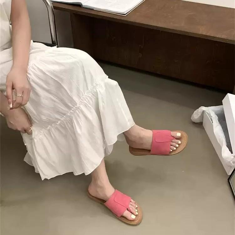 Soft leather version~ retro one-word slippers for women to wear 2025 summer new Mori casual niche flat toe drag