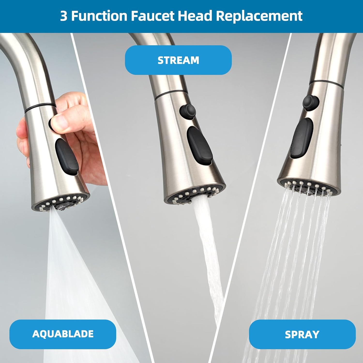 

Универсальная сменная головка для кухонного смесителя с 15 адаптерами, совместимая со смесителями Moen/Pfister/Peerless/Kohler изогнутой формы, 3-функциональная, с выдвижным изливом для раковины