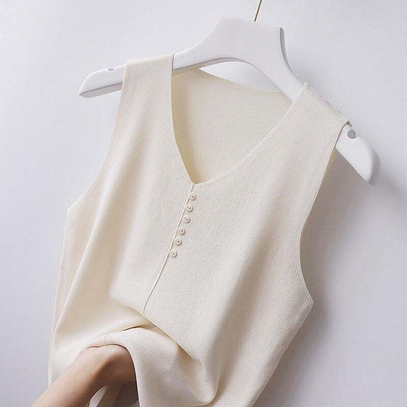 Sleeveless V-neck Ice Silk Womens Knitted Vest 2023 Summer Tops Womens Tank Tops Solid Color Thin Sleeveless Vest 10098