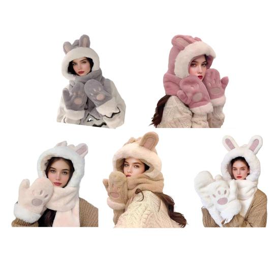 Women Hat Rabbit Ear Decor Thickened Warm 3 in 1 Hat Scarf Gloves Hiking Outings Shopping Winter Headwear