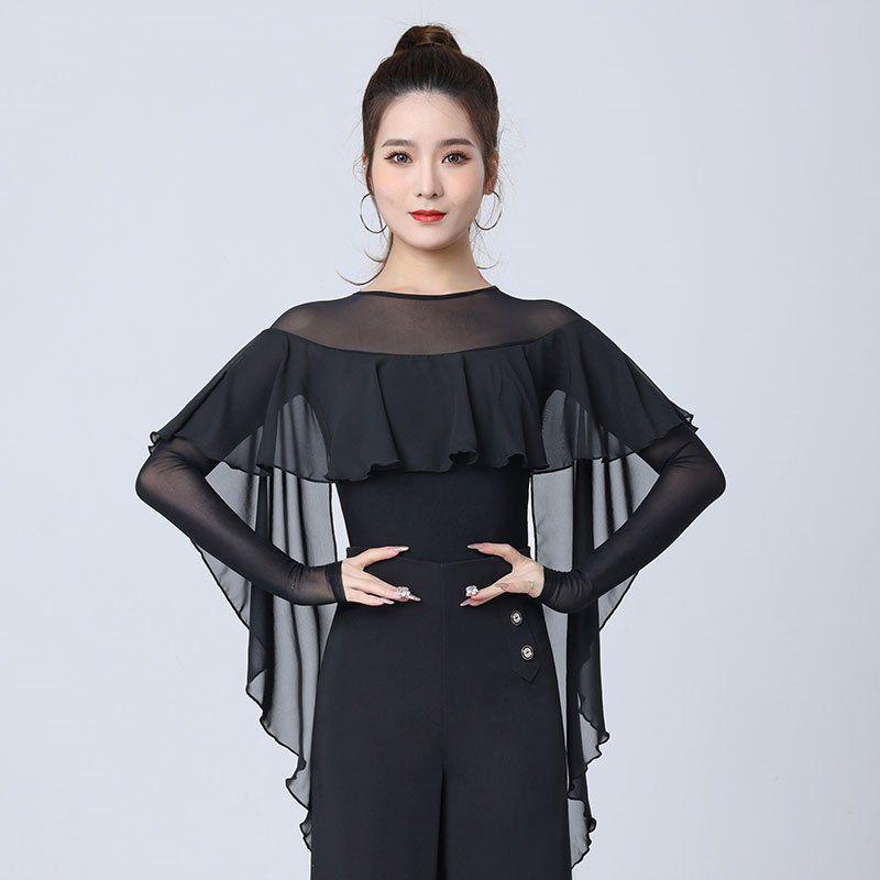 Damelivdrakt for moderne dans med mesh-sømmer og flytende volangtopp for balsalvals-øvelse