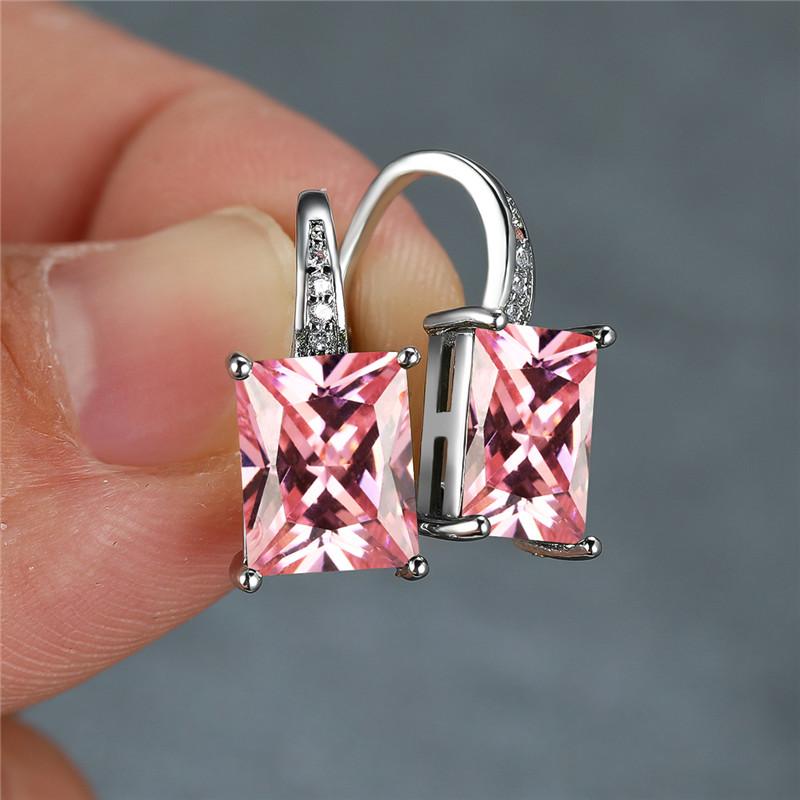 Female Luxury Crystal Zircon Square Stone Hoop Earrings Boho Silver Color Engagement Wedding  For Women Gift