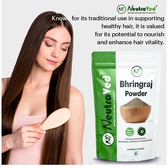 NeutraVed Bhringraj Pulver für Haar -200g | 99% Reine & Sonnengetrocknete Bhringraj Blätter Frisch Gemahlen | Bringha Pulver für Haar, Öl, 200g Zippbeutel