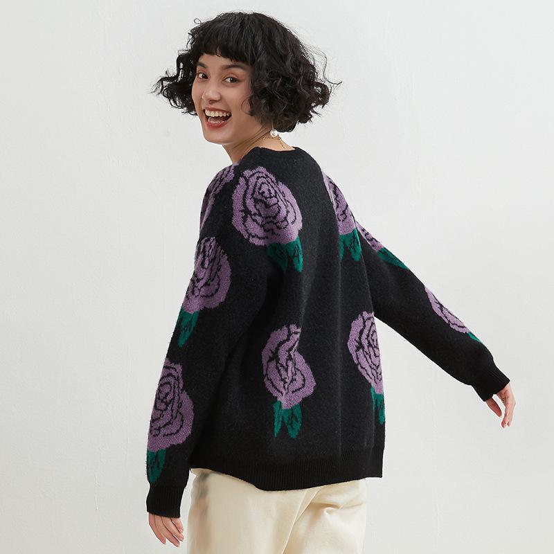 Thickened Round Neck Cardigan for Women In Autumn and Winter Loose Versatile Knitted Sweater Fashionable Flower Base Shirt Top