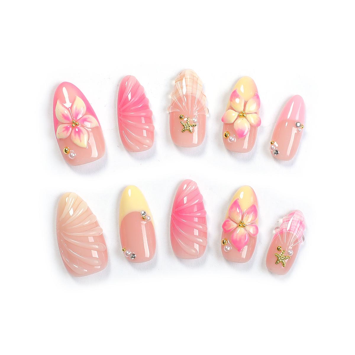 

Handmade Wearable Nails: French Painted Flowers with Blush Gradient and Shell Design Manicure Large