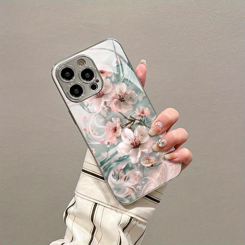 Beautiful Pink Flower Pattern Electroplated Silver Phone Case For Samsung Galaxy S25 S24 S23 Ultra Plus FE Tempered Glass Cover