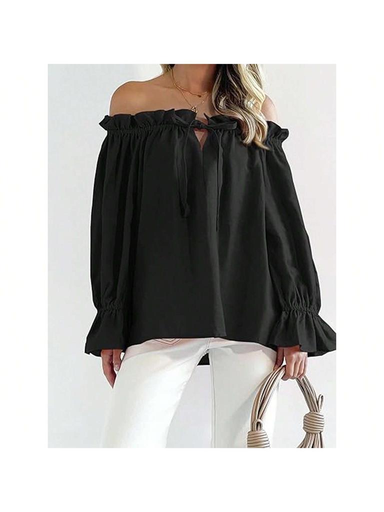 Damen Schulterfrei Bluse Langarm Rüschen Tunika Top Elegant Lässig