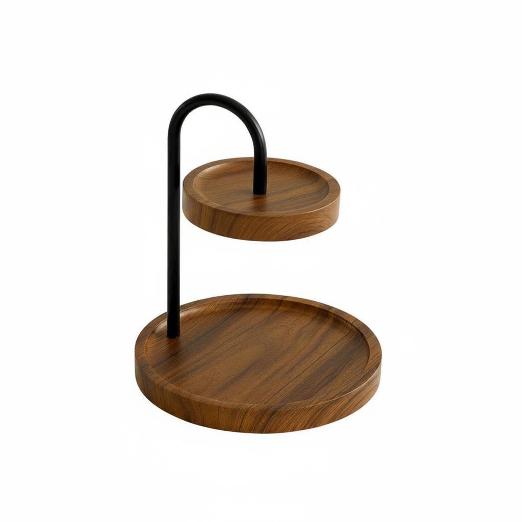 TwoTier Tabletop Rack WoodGrain Finish Round Storage Black Metal Countertop Organizer for