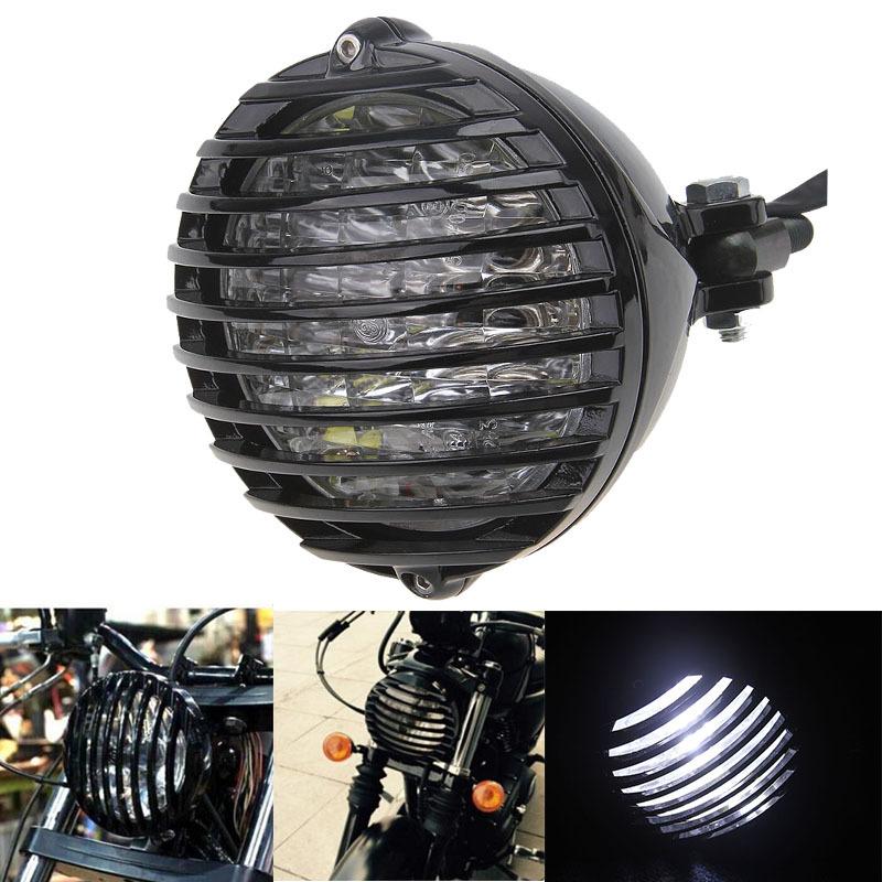 Motorcycle Finned Grill Led Headlight Lamp For Cafe Racer Bobber Chopper