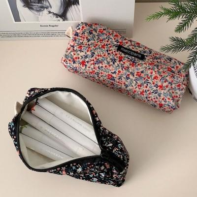 Vintage Floral Corduroy Pencil Bag Small Flowers Pen Cases Large Capacity Stationery Bag Multifunctional Cosmetic Bag Organizer
