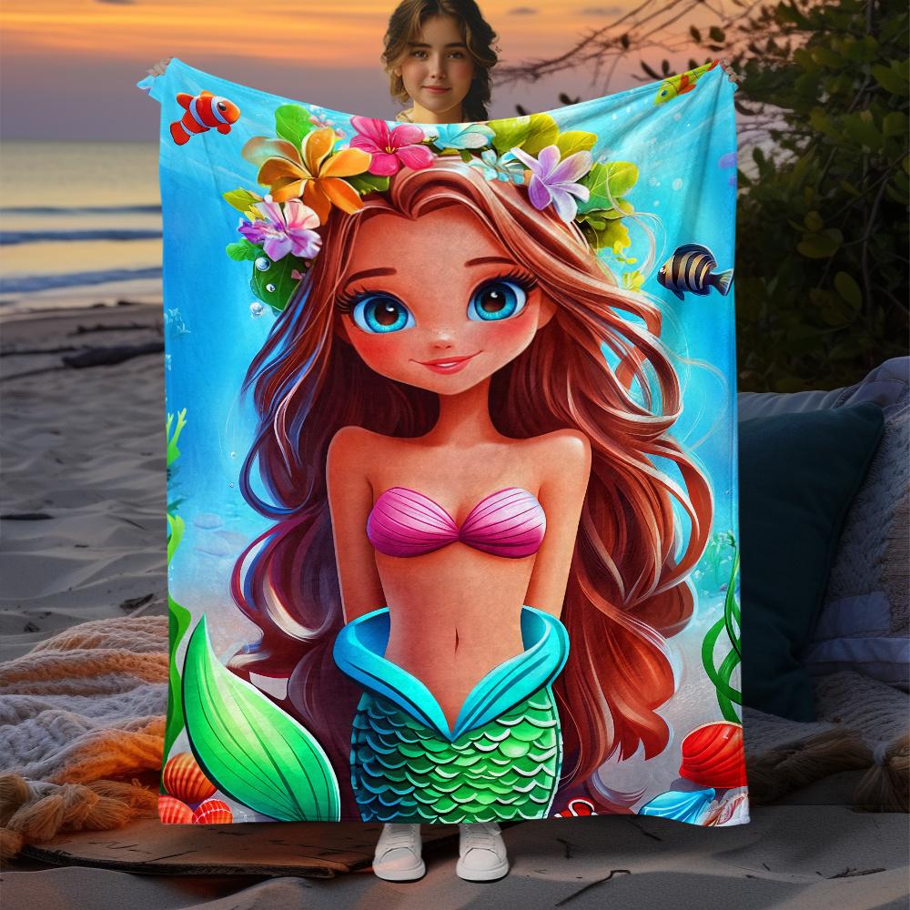 Principessa Sirena Pesci Oceanici Fiori Coperta in Pile Disegno Cartone Animato Vita Marina Morbida Coperta da Viaggio Festa in Spiaggia Piscina Regalo per Ragazze