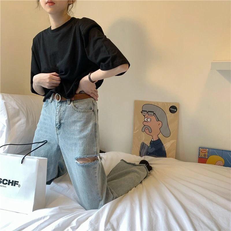 Damen Sommer Koreanischer Stil Baumwolle Crop Top – Kurzärmlig, Lockere Passform, Vielseitig und Trendig