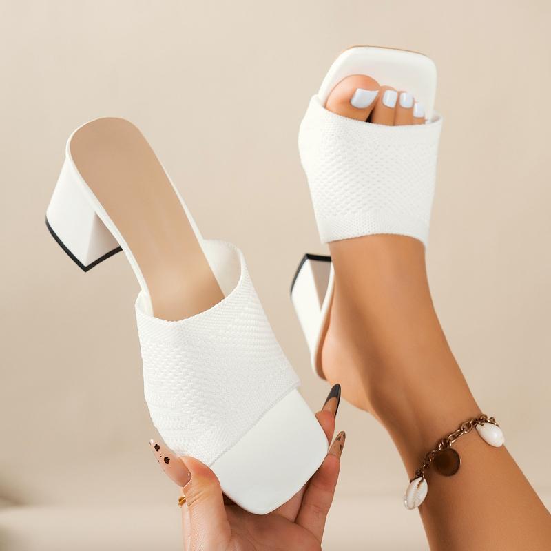 

Fashion Knitted High Heels Slippers Women 2025 Summer Slip on Square Toe Sandals Woman Plus Size 43 Thick Heeled Slides Mujer 35