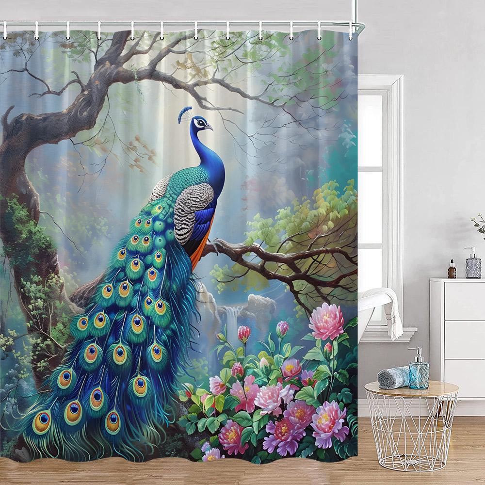Peacock Shower Curtain Beautiful Blue Bird Pink Flower Tree Chinese Style Elegant Bath Curtain Modern Bathroom Decor with Hook