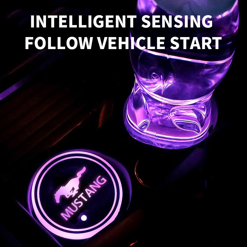 TQ0121/2PCS Led Car Logo Cup Light UBS Car Atmosphere Lamp Colorful Water Coaster For Ford Mustang GT SHELBY Auto Accessories