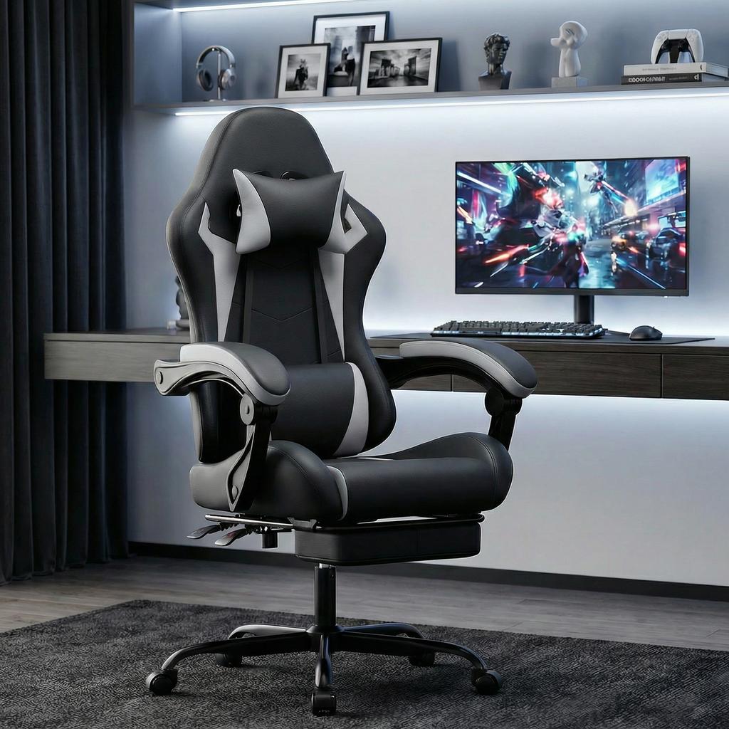 Gaming Chair Ergonomic Gaming Chair with Lumbar Cushion and Headrest, Gamer Chair Height Adjustable, PC Chair for Adults Girls Boys, Black-White
