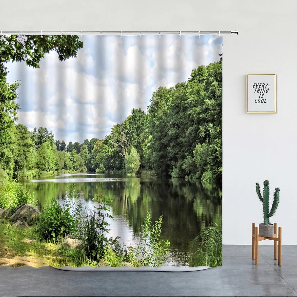 Spring Garden Landscape Shower Curtains Green Plants Flowers Creek Natural Scenery Bath Curtains Bathroom Decor With Hooks