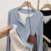 Milk blue plus velvet fake two-piece long-sleeved bottoming shirt for women in autumn and winter with brushed inner, slimming and chic T-shirt top