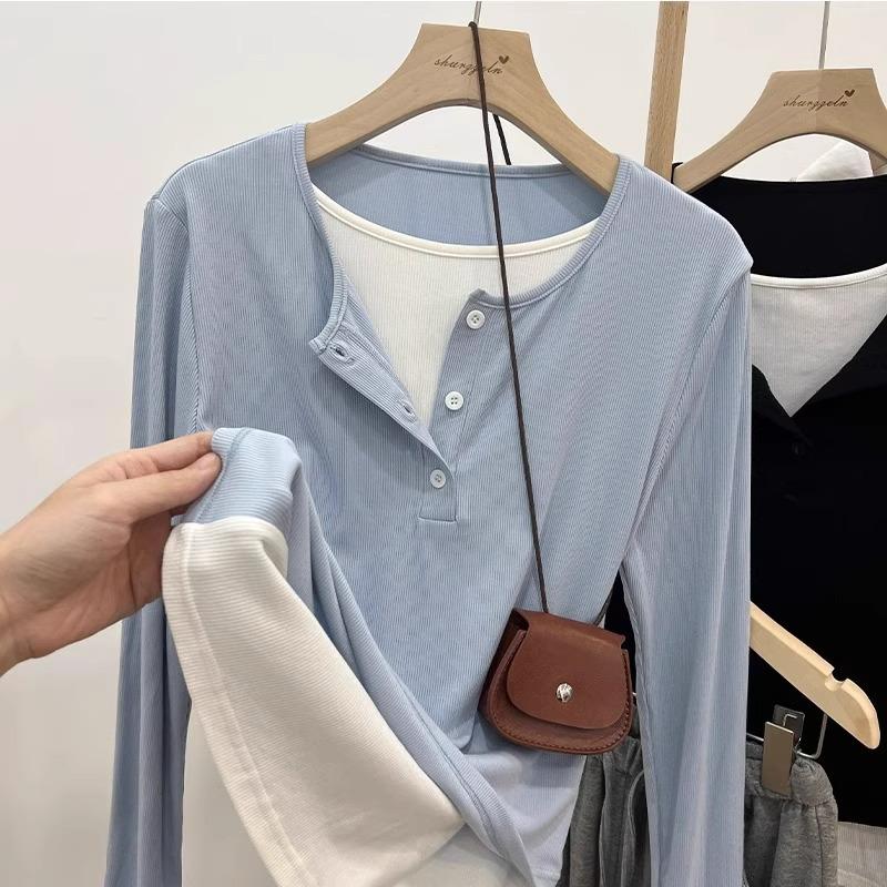 Milk blue plus velvet fake two-piece long-sleeved bottoming shirt for women in autumn and winter with brushed inner, slimming and chic T-shirt top