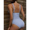 Deep V Neck Vertical Stripe One Piece Swimsuit Ruched High Wais Cut Bathing Suit