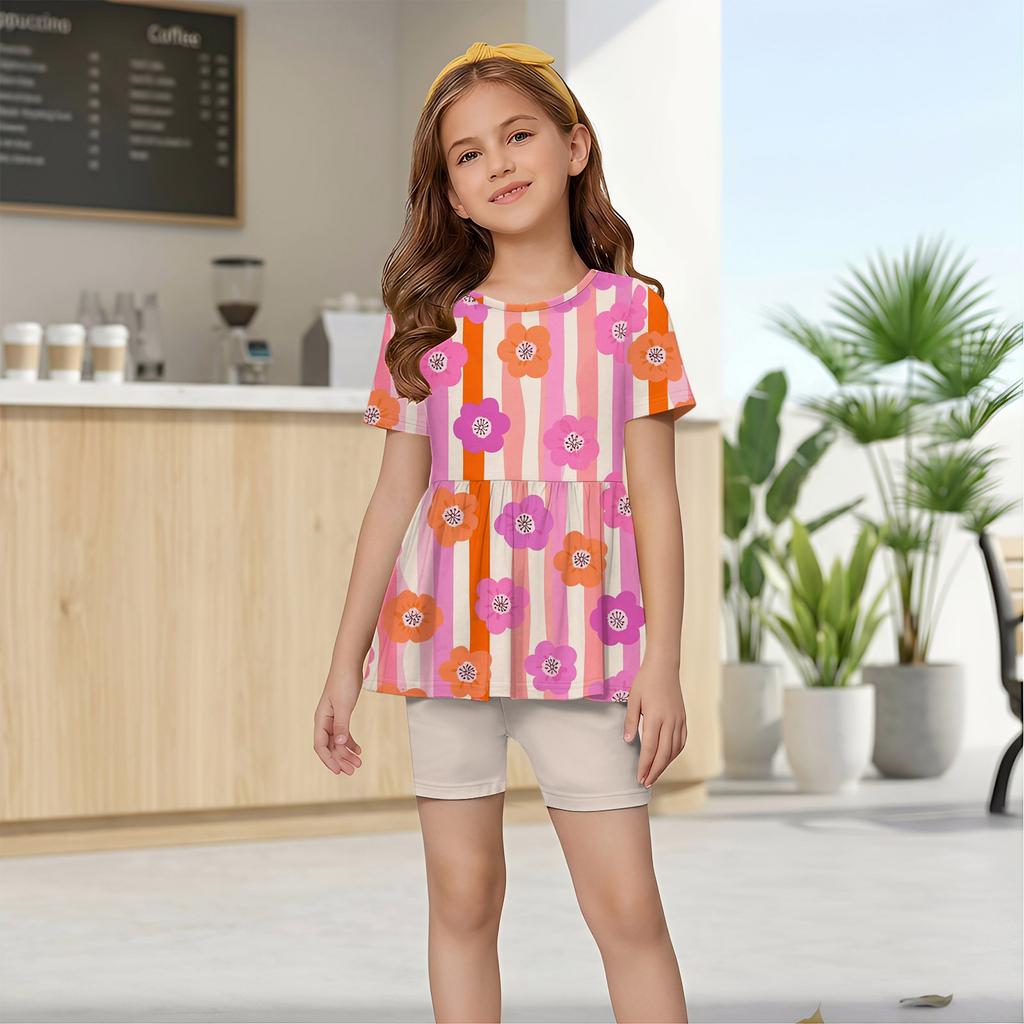 Mädchen Sommer Outfit Set Kurzarm Rüschensaum Oberteil und Shorts Zweiteilig Leichtes Bequemes Design für Kinder