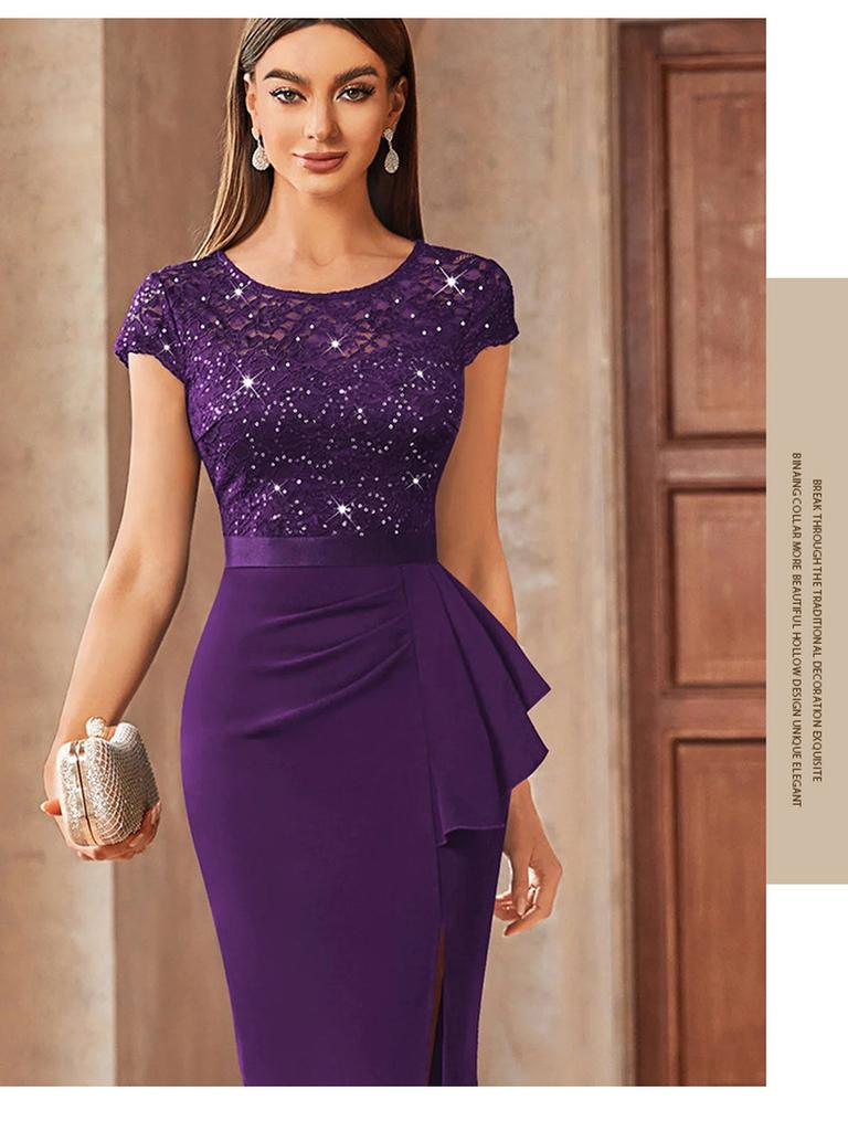 New Elegant High-Waisted Lace Bodycon Dress with Slit for Women