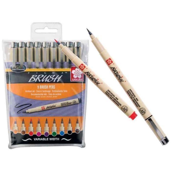 Feutre PIGMA BRUSH - SAKURA - Large - 9 couleurs assorties - Imperméable - Permanent - Intense