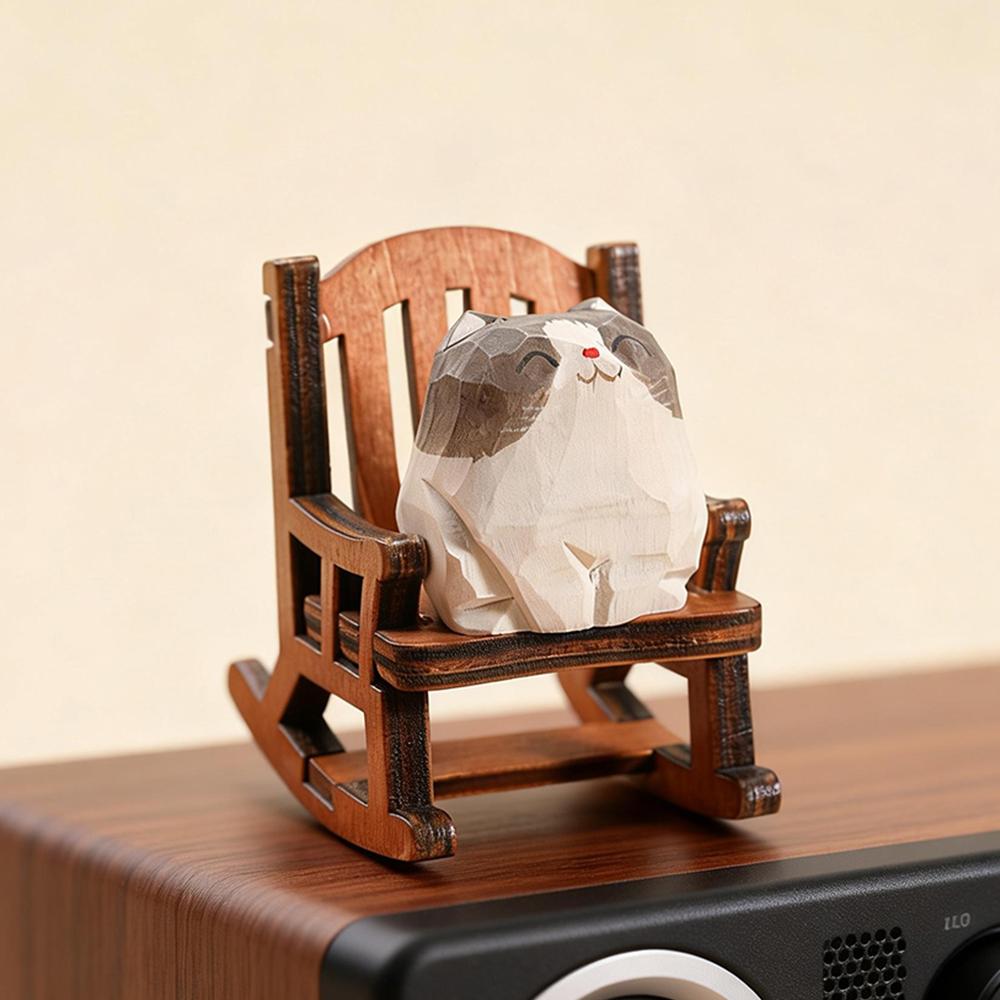Hand Carved Wooden Cat Figurine Cute Kitten Statue Home Desktop Decor Calico Orange Cat Ragdoll Bombay Cat Miniature Craft Gift